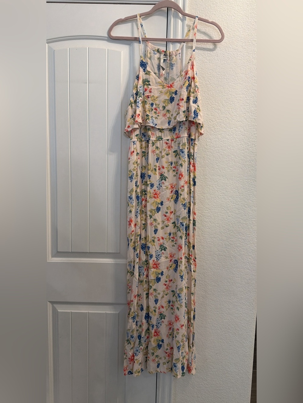 LC Lauren Conrad Cream Maxi Dress with Blue, Coral and Green Floral Print